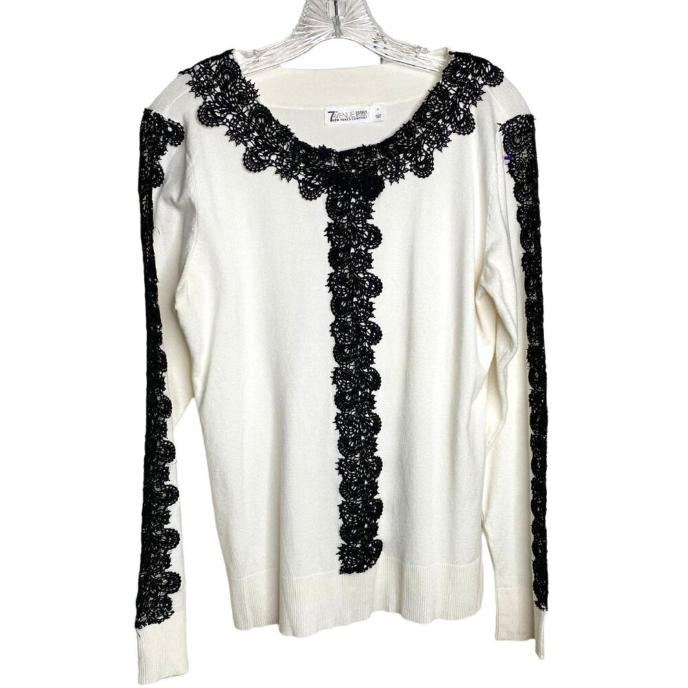 7th Avenue Design Studio Ivory Sweater Black Lace Applique Large Career Elegant